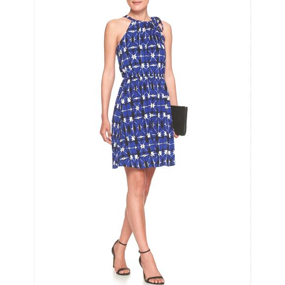 NWT Banana Republic Abstract Blue Geometric Print Halter Dress Size L Bow Detail - Picture 1 of 13